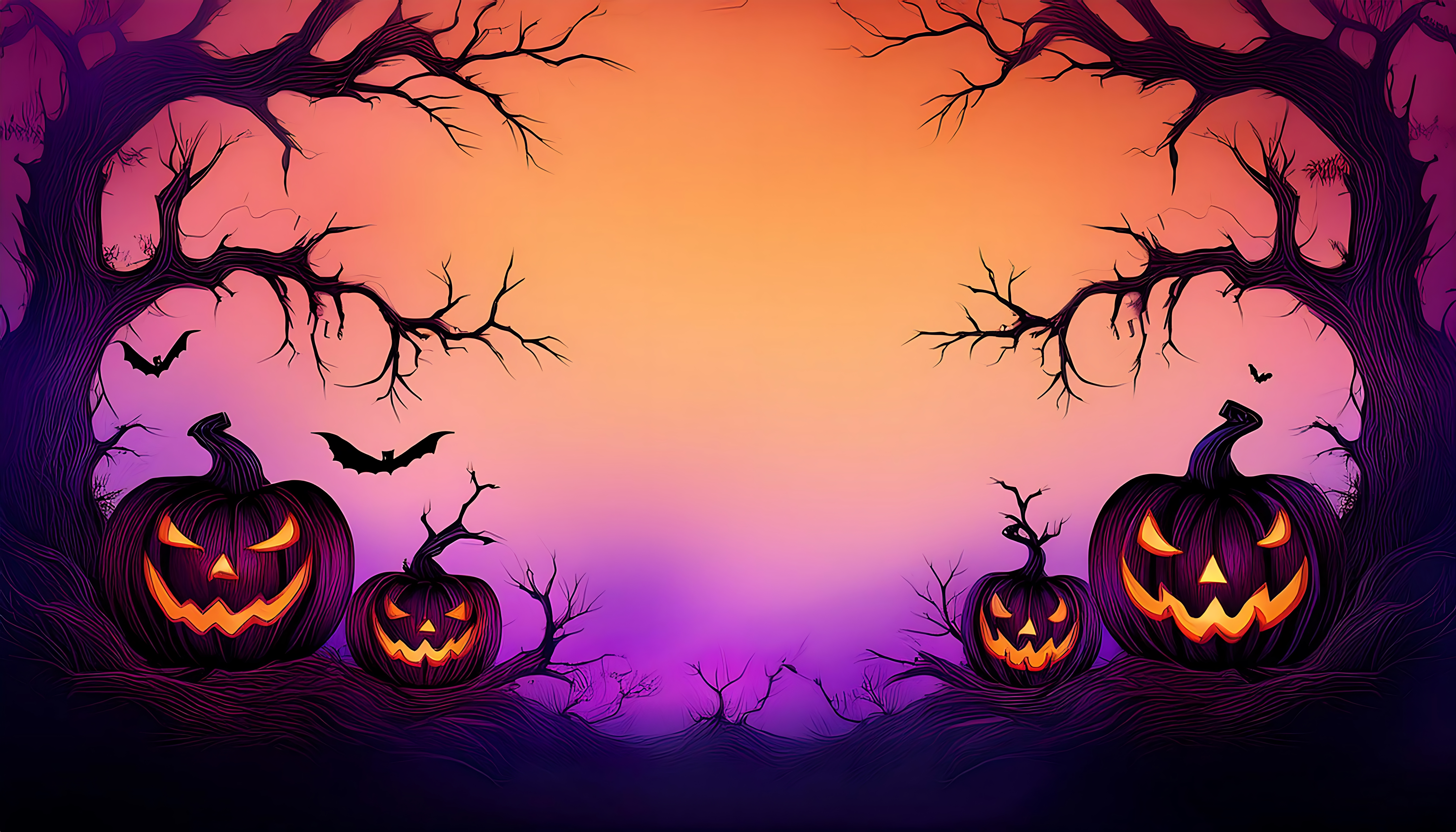 haunted-forest-pumpkins-black-silhouette-pumpkins-lining-bottom-scene-with-twisted-tree-branches-vibrant-colors-offering-ample-copy-space-graphic-art-illustration