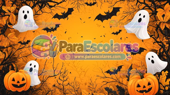 Pumpkins Floating Ghosts With Bats Orange Sky